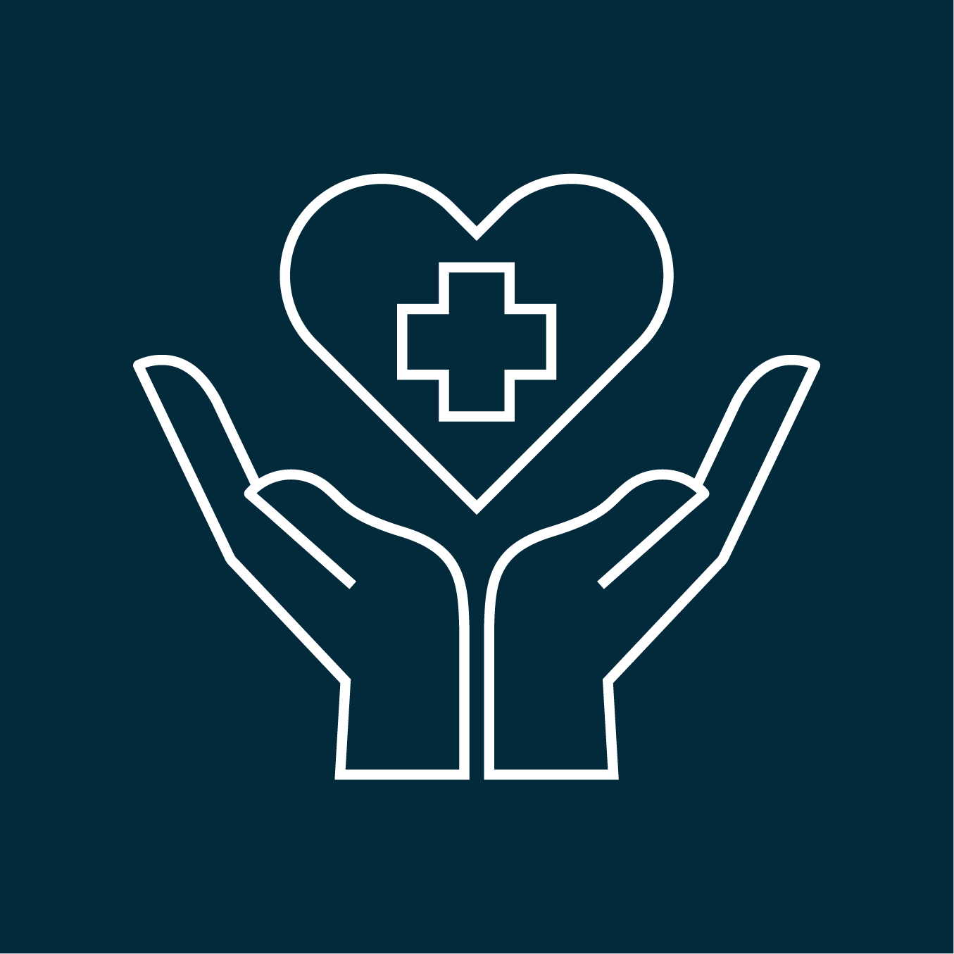 Navy patient care icon of hands gently holding a heart with a medical cross, representing patient care and compassion.