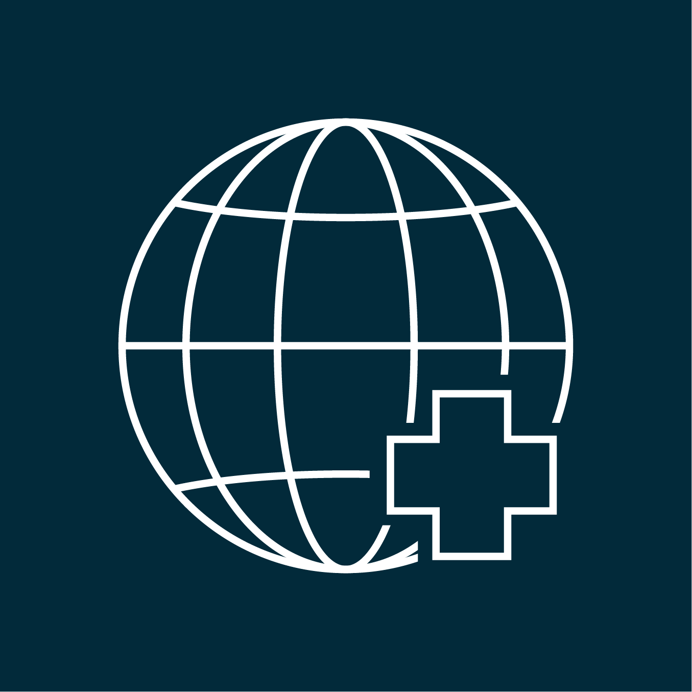 Navy global medicine icon of a globe with a medical cross, representing global medicine, humanitarian aid, and worldwide healthcare impact.