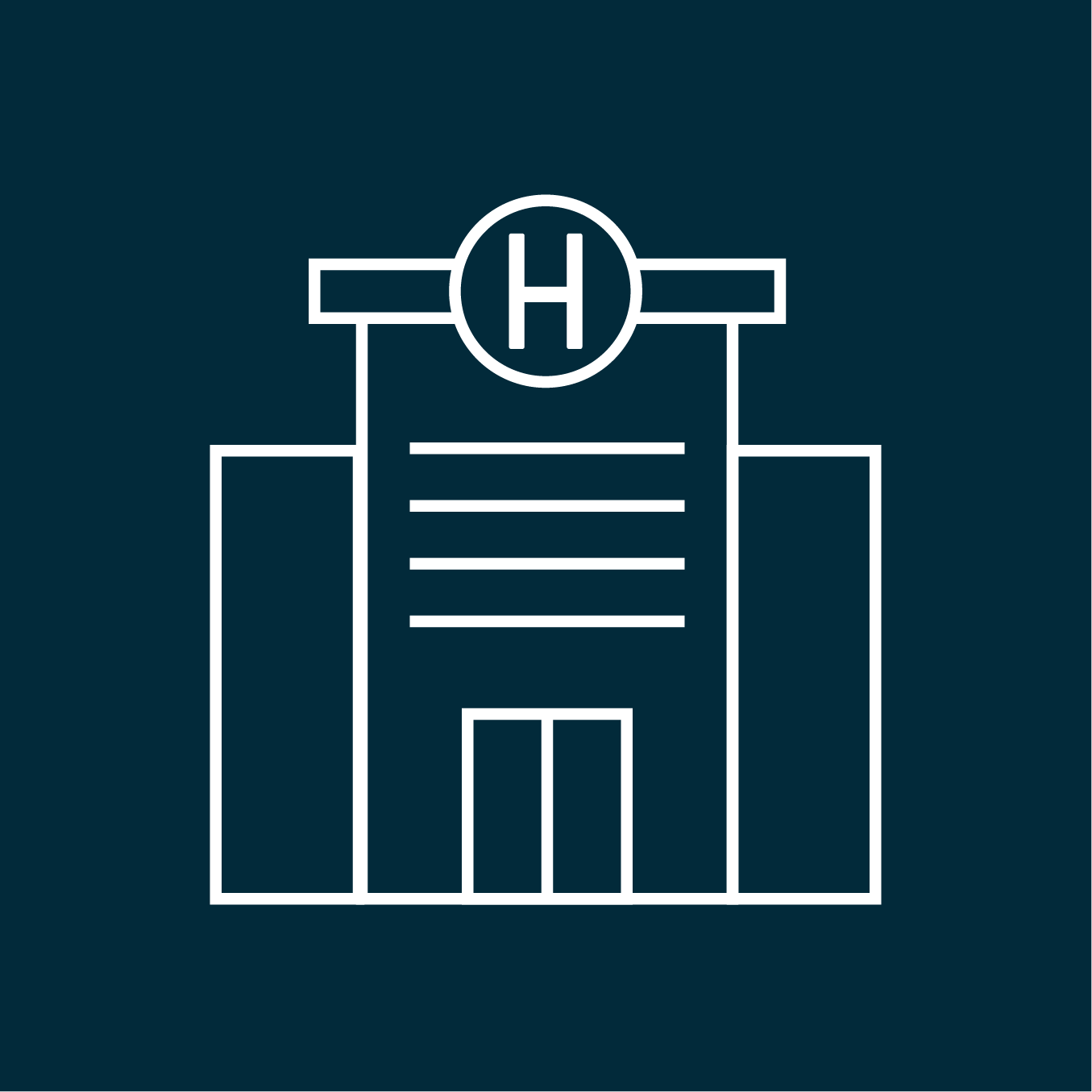 Navy medical facilities icon of a hospital building with an "H" on top, representing Navy medical facilities and healthcare infrastructure.