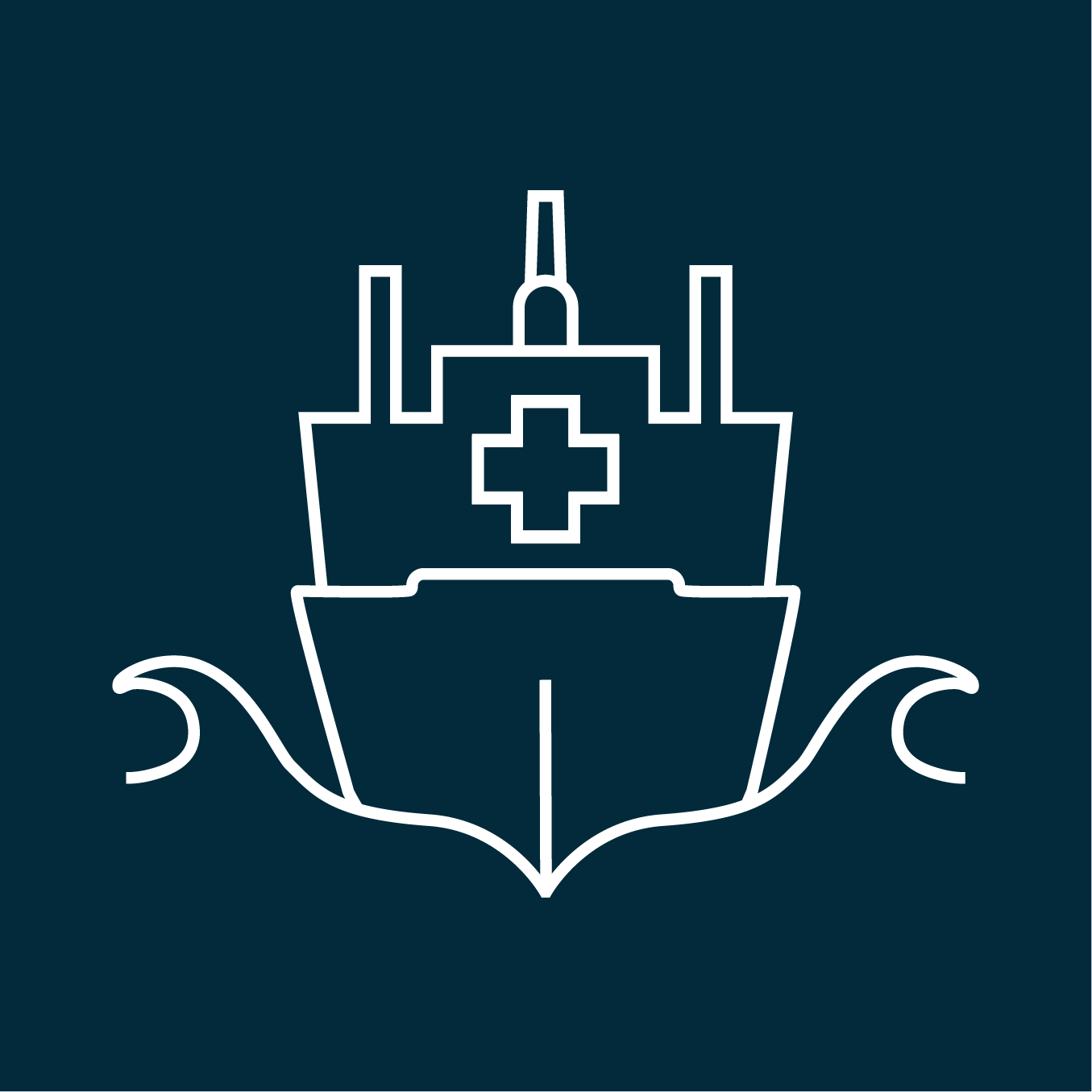 Navy humanitarian missions icon of a medical ship on the water, symbolizing humanitarian missions, disaster relief, and Navy medical deployments.