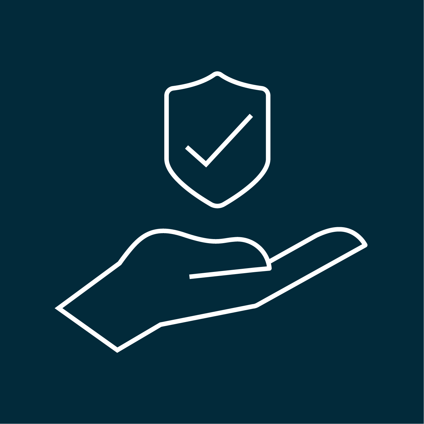 Navy benefits icon of a hand holding a shield with a checkmark, representing benefits, healthcare coverage, and security for Navy medical personnel.