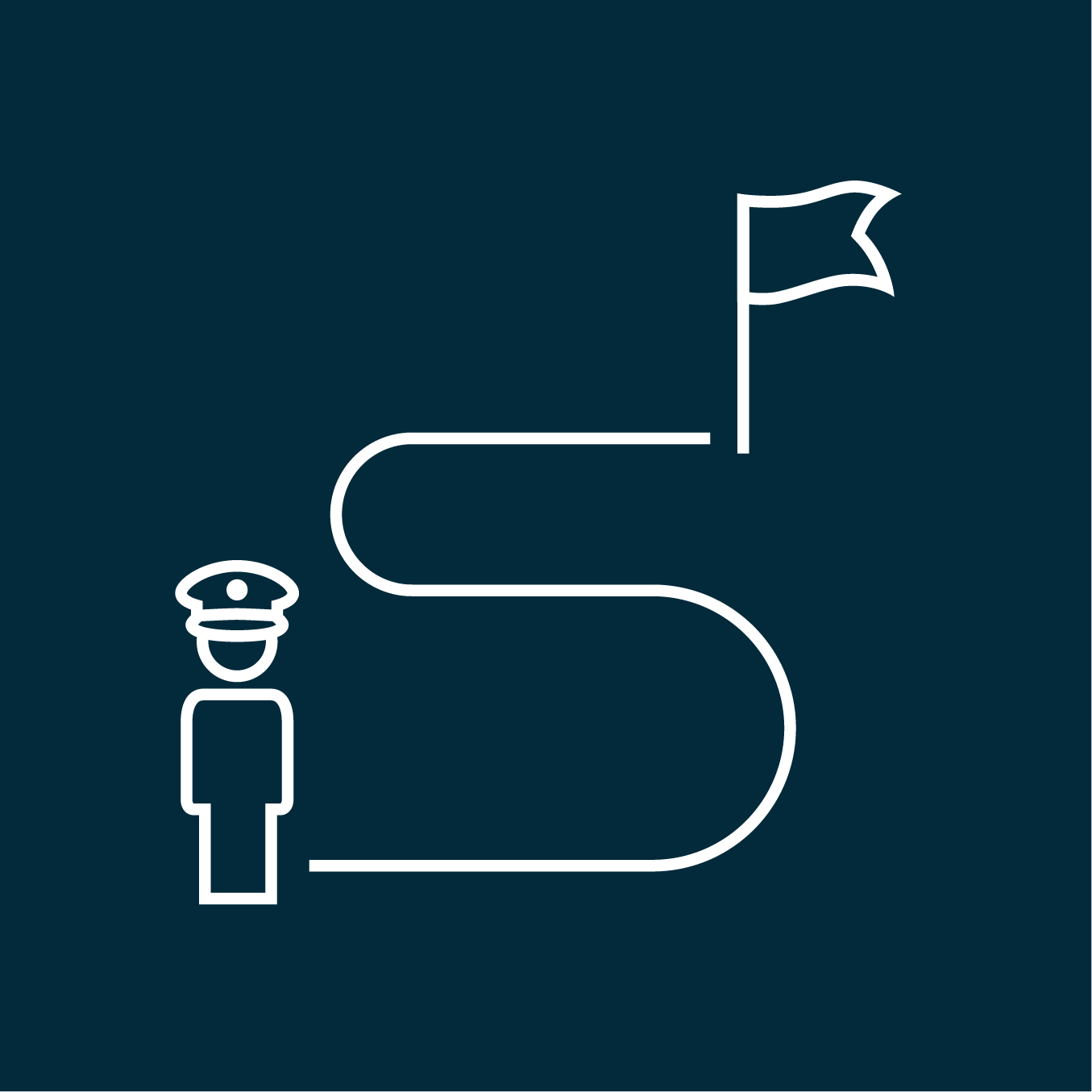 Navy career icon of a person following a path to a flag, representing career advancement, professional growth, and opportunities in Navy healthcare.