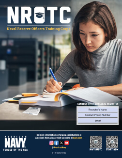 Brochure for parents and teachers about the NROTC full college scholarship program, a path for high school students to earn a debt-free degree and become a commissioned Navy officer.